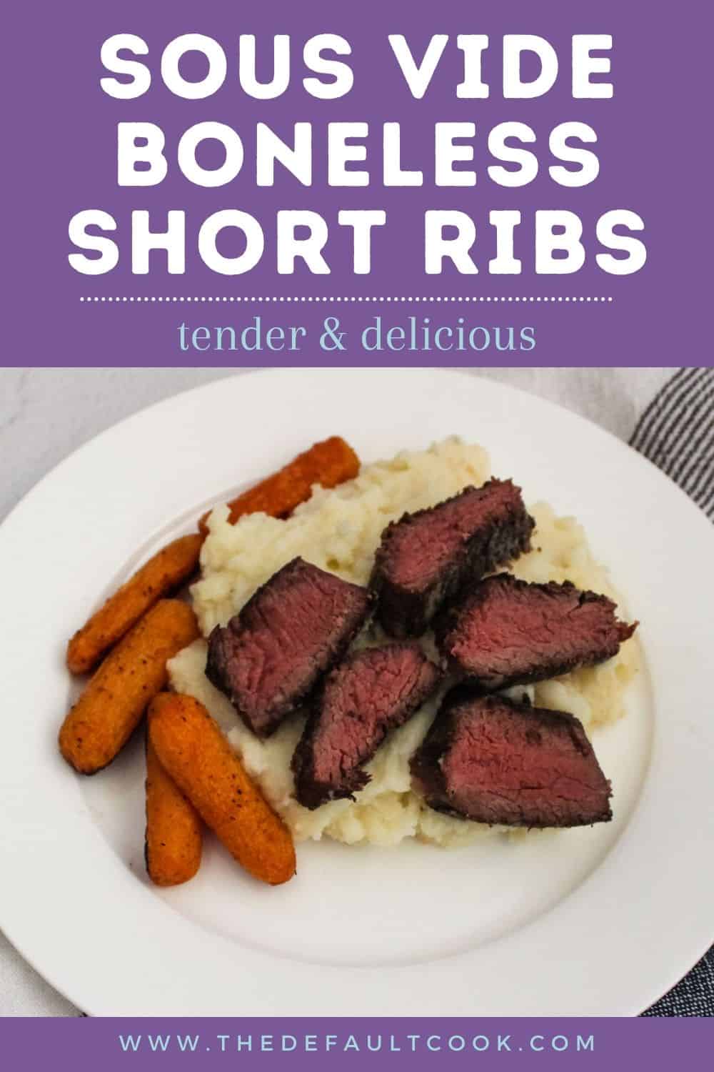 Boneless short ribs sliced over mashed potatoes with carrots on a white plate.