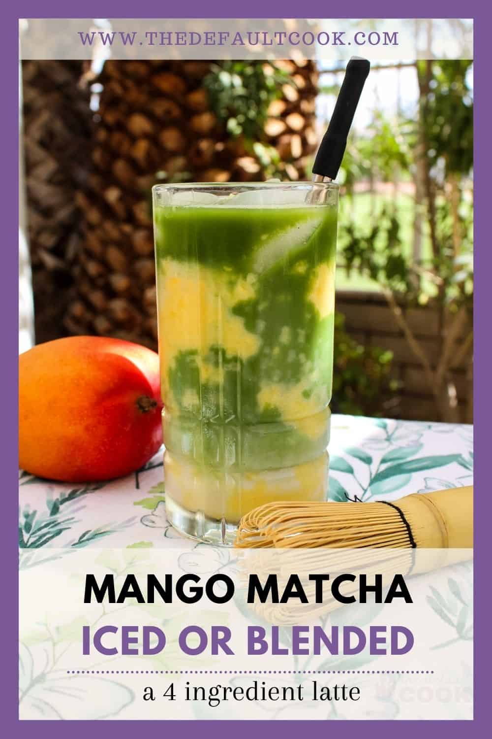Glass of mango matcha surrounded by a mango and matcha whisk outdoors.