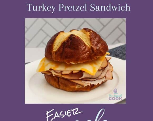 Sandwich of turkey and cheese on a pretzel bun with episode name above and podcast name below.