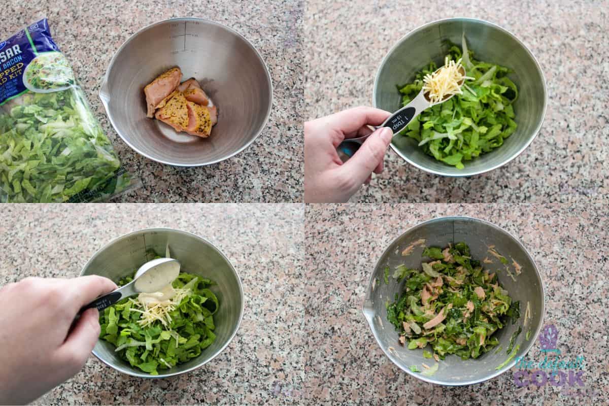 Four images making the salad mixture for inside the wrap: salmon in bowl, salmon covered in lettuce adding parmesan, adding dressing, and the ingredients stirred together.