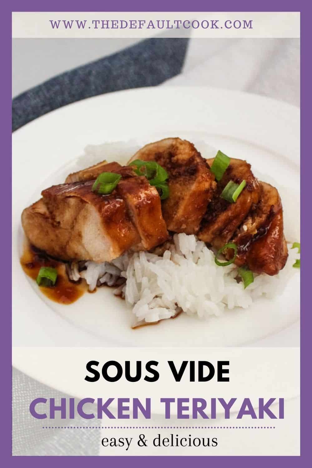 Plate of sliced chicken breast with teriyaki sauce over rice garnished with green onions on a kitchen towel with text naming the dish overlayed.