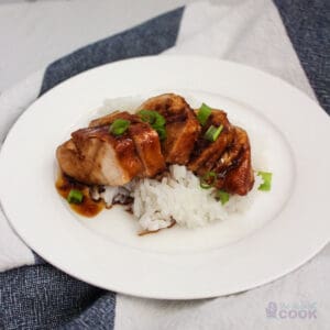 Plate of sliced chicken breast with teriyaki sauce over rice garnished with green onions on a kitchen towel.