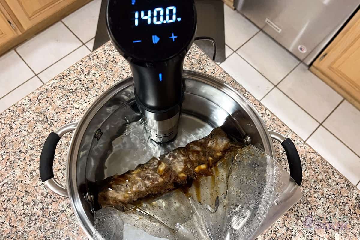 Pork tenderloin in a sous vide water bath of 140 degrees.