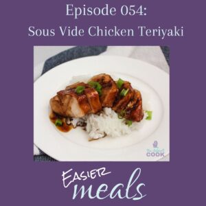 A plate of teriyaki chicken on a bed of rice with podcast name below and episode name above.