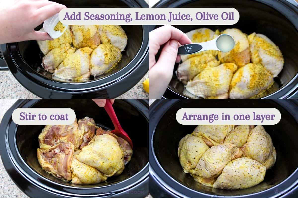 4 photos showing the following steps: adding lemon pepper seasoning, adding liquids, stirring, and arranging in one layer after coating.