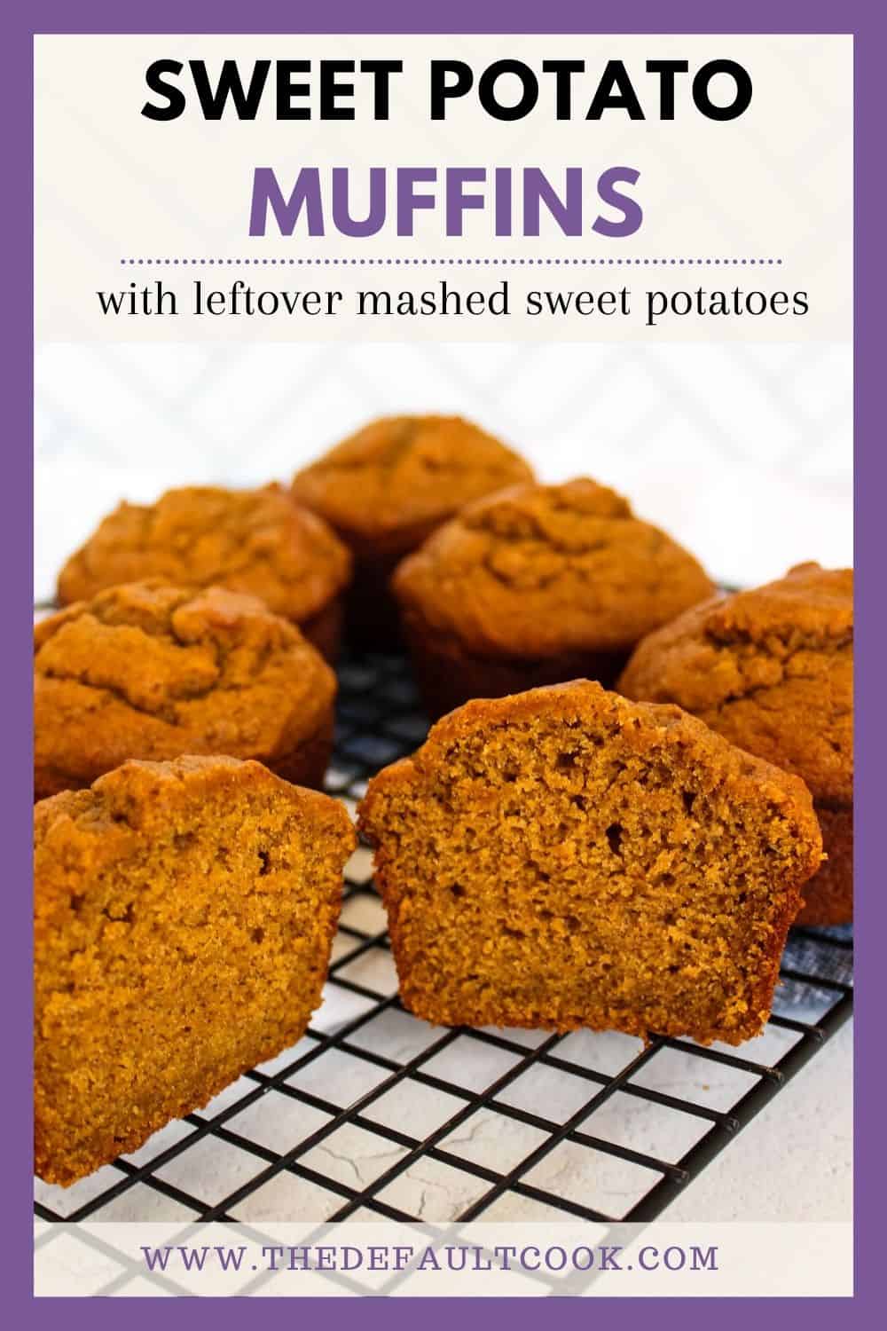 Six sweet potato muffins on a wire rack, the front one cut open in half, and text above labeling the dish.