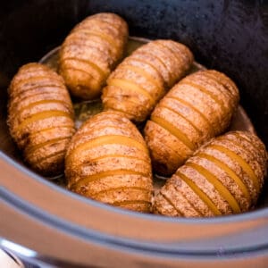 6 hasselback potatoes in an oval slow cooker after cooking.