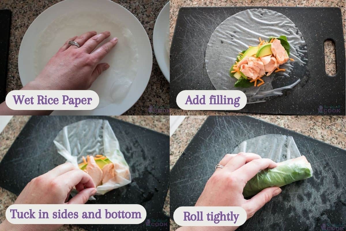 A four-step visual guide on making spring rolls: 'Wet Rice Paper' showing a hand dampening rice paper on a white plate, 'Add filling' depicting rice paper topped with salmon and vegetables, 'Tuck in sides and bottom' illustrating hands folding the sides of the rice paper over the filling, and 'Roll tightly' showing hands rolling the spring roll firmly to closure.