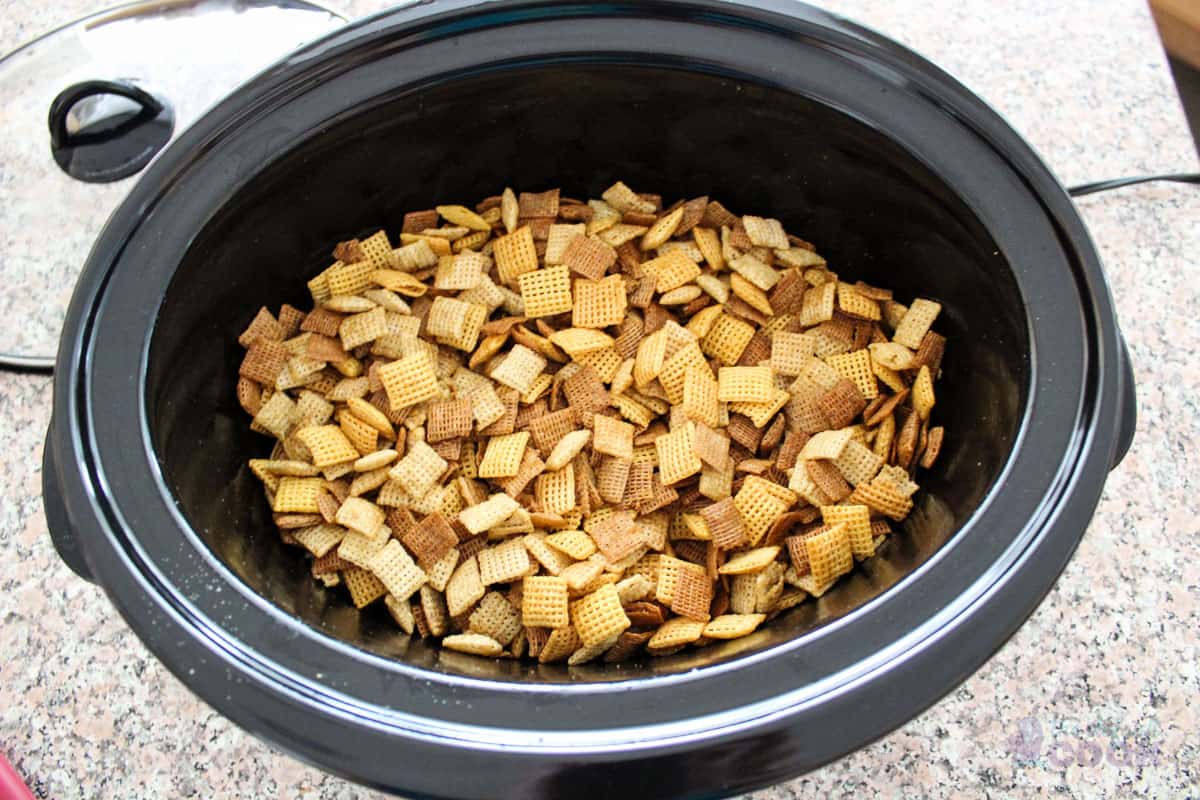 Mixed but not cooked spiced chex mix.
