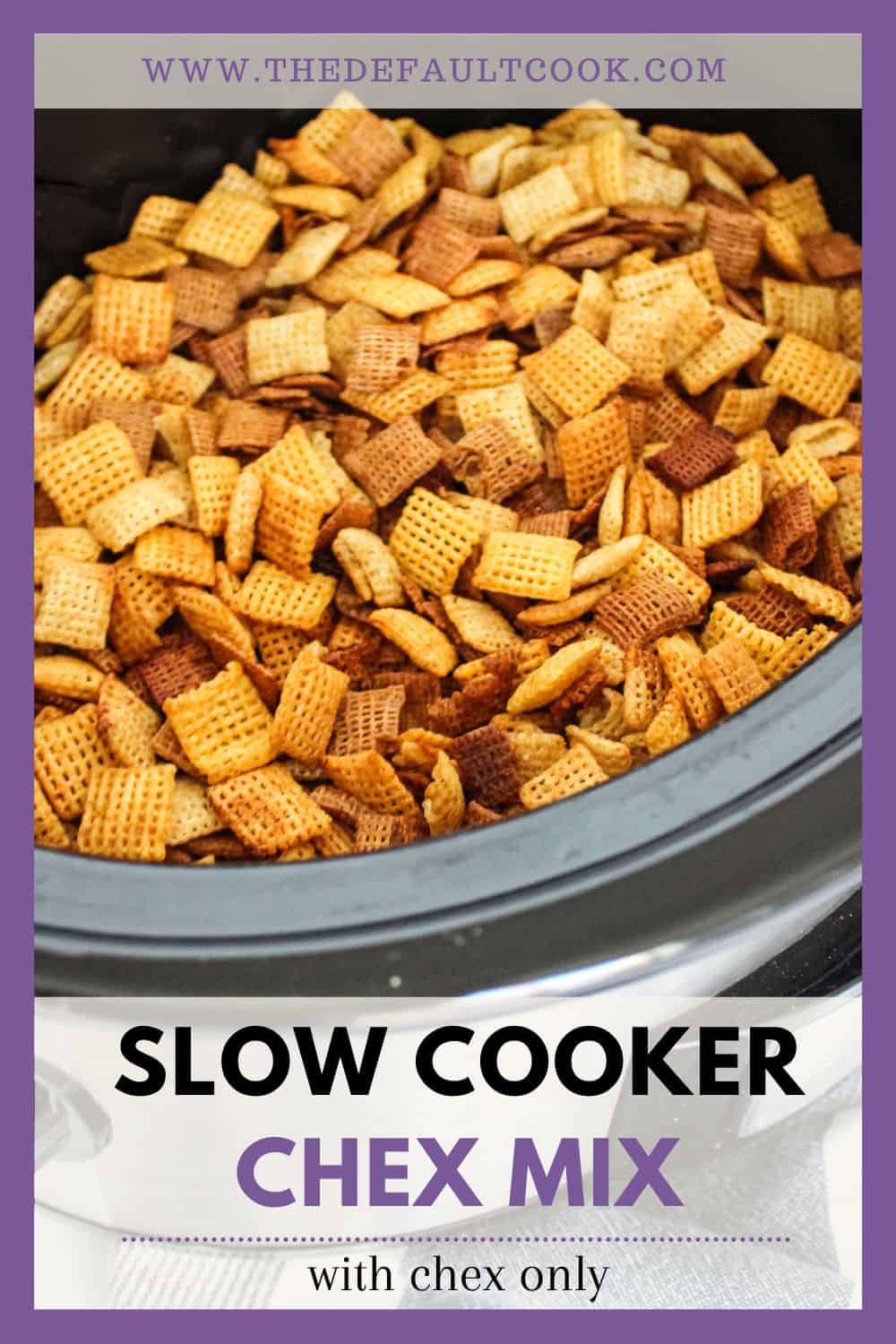 Spiced chex mix in a slow cooker with title at bottom.