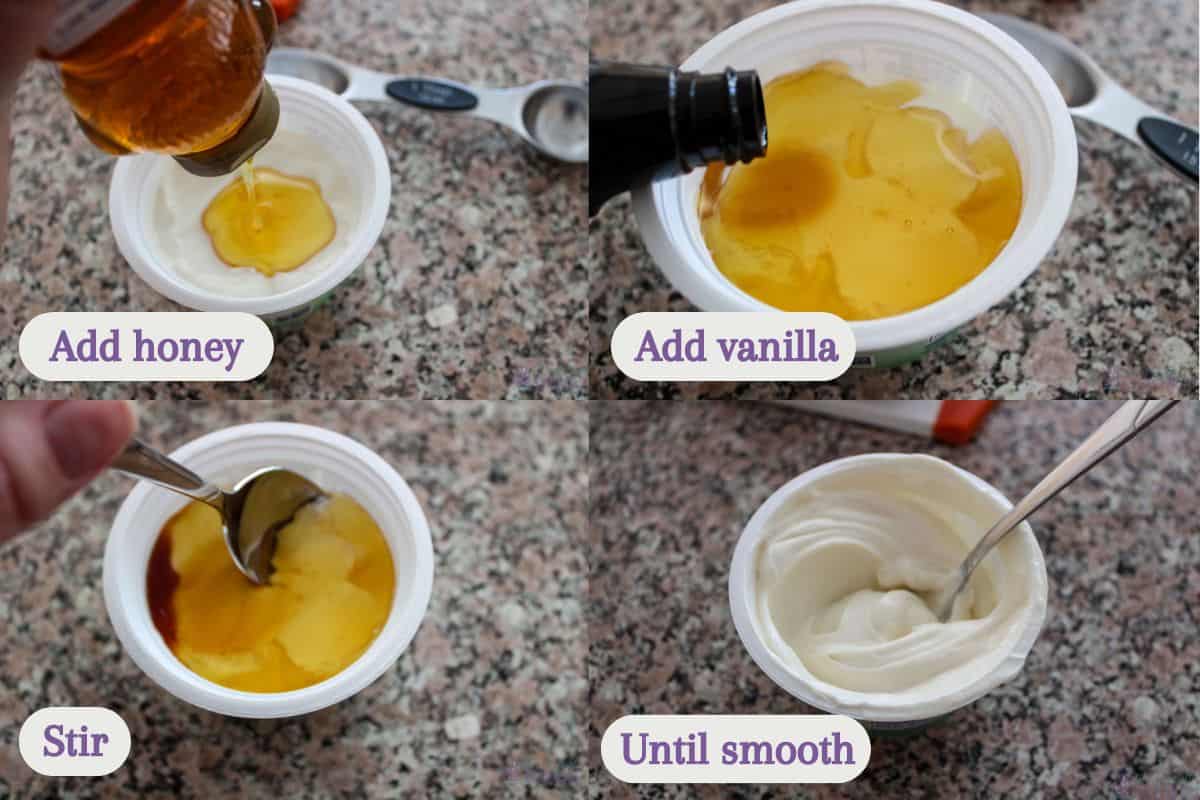 Step-by-step images showing the preparation of yogurt dip on a granite countertop. Top left: Pouring honey into Greek yogurt. Top right: Adding vanilla extract to the mix. Bottom left: Stirring the honey and vanilla into the yogurt. Bottom right: The yogurt mixture fully combined. Each step is labeled with instructions 'Add honey,' 'Add vanilla,' 'Stir,' and 'Until smooth.