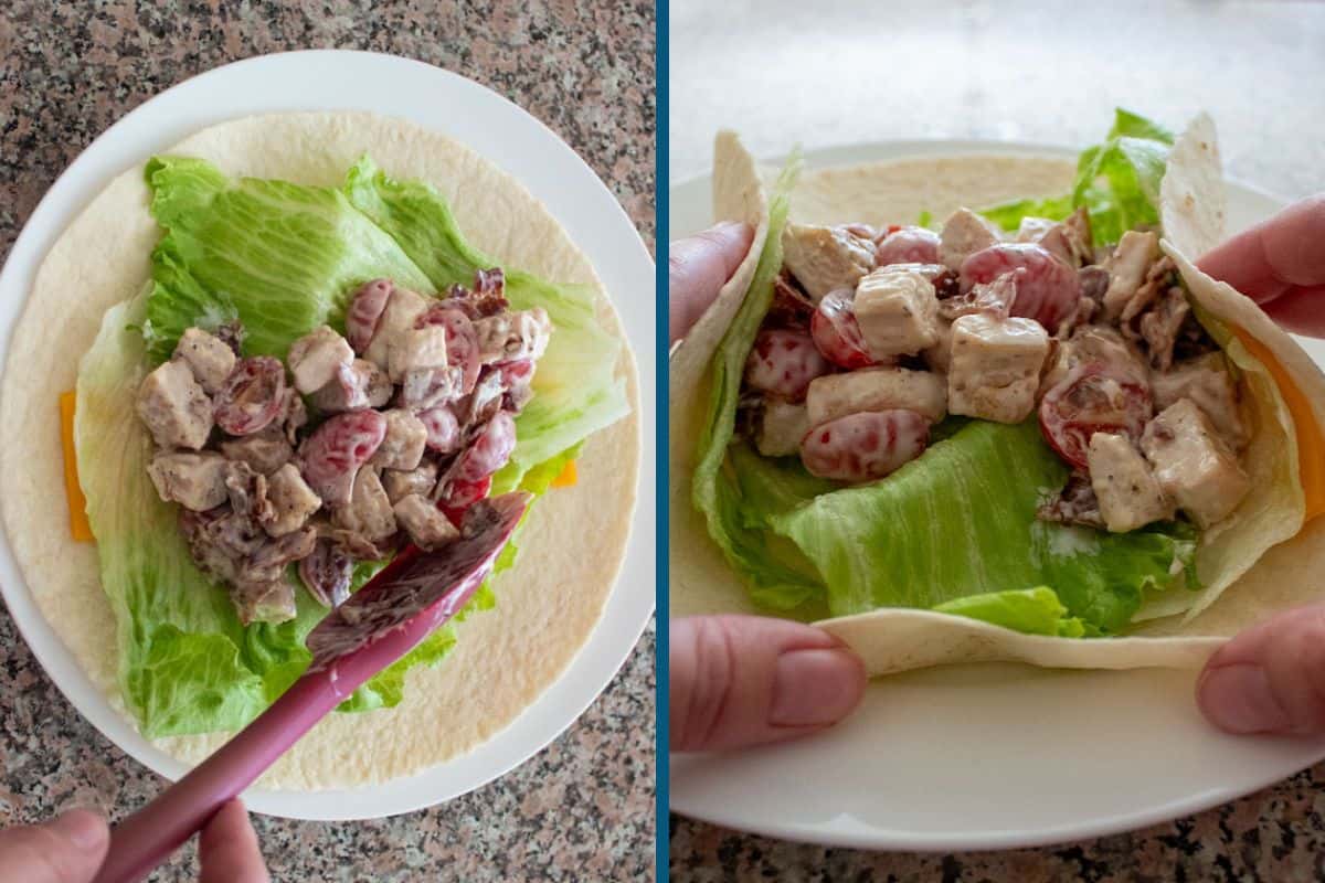Two side-by-side photos show a tortilla wrap being assembled: one with lettuce and chicken salad being spread, the other with hands folding the wrap around the filling on a plate.
