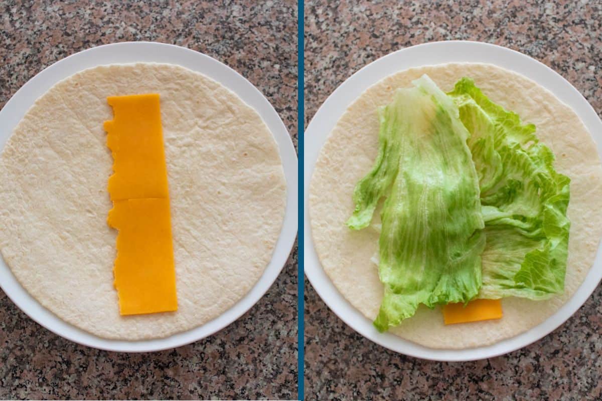 Side-by-side images: on the left, a tortilla with a slice of cheddar cheese; on the right, the same tortilla with lettuce added on top of the cheese, both on a white plate, on a speckled countertop.
