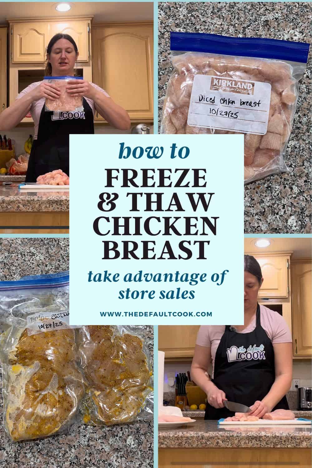 A woman in a kitchen demonstrates how to freeze chicken breasts and thaw them, with labeled bags of chicken and marinated chicken on the countertop. Text in the center reads: How to freeze & thaw chicken breast.