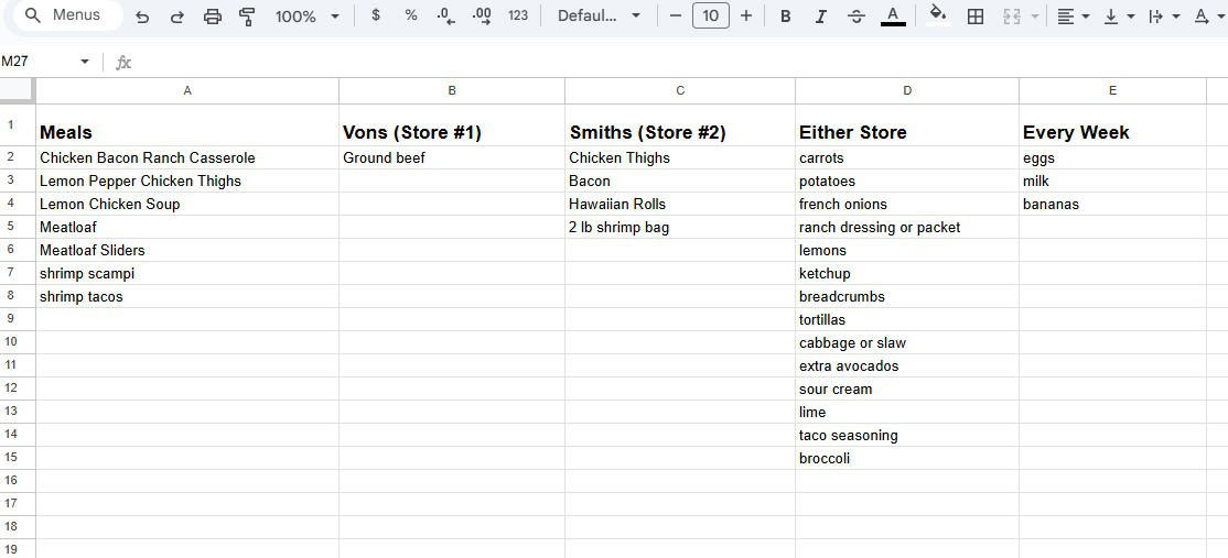 A spreadsheet for weekly meal planning featuring meal ideas, grocery stores (Vons and Smiths), separate shopping lists for each, an Either Store list, and a weekly staples list with eggs, milk, and peppers.