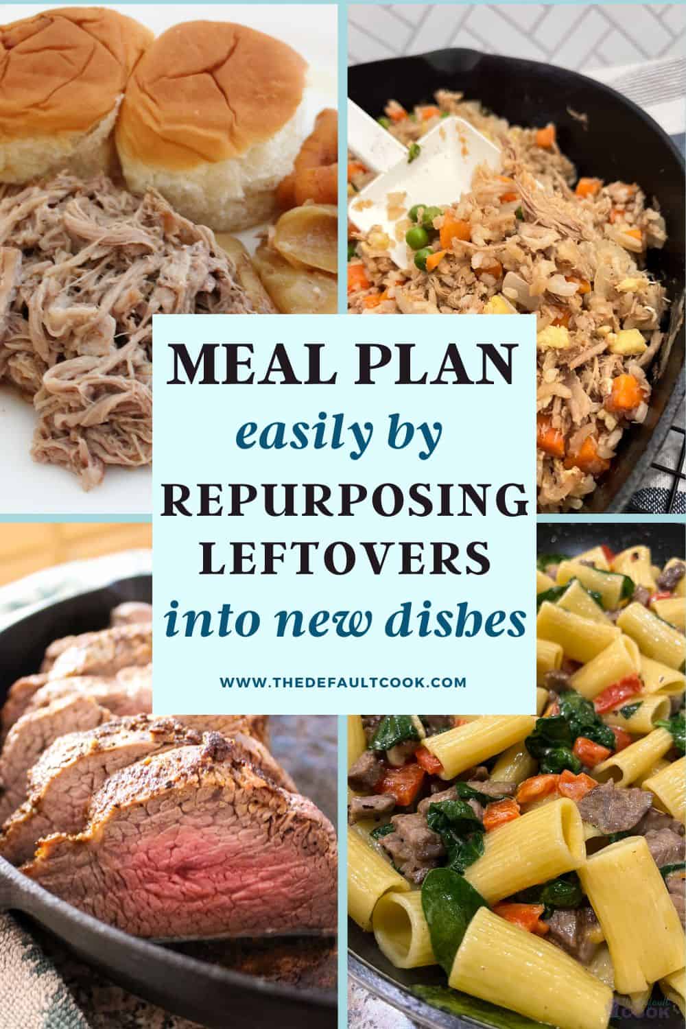 A collage shows pulled pork sandwiches, fried rice with meat and vegetables, roast beef slices, and pasta with spinach and beef, with text: “Meal plan easily by repurposing leftovers into new dishes.”.