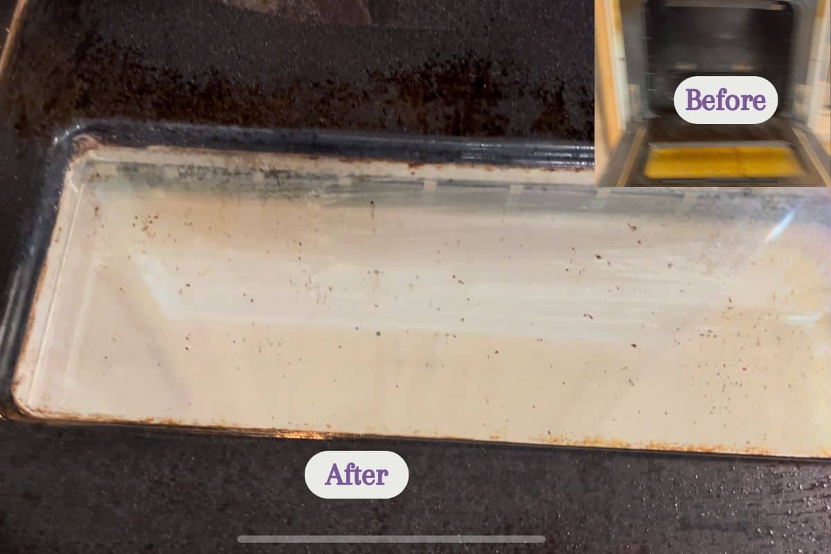 Close-up of an oven door with a clean glass window labeled After, highlighting how effective it is to steam clean your oven. Inset in the top right corner shows a Before image of the same oven door, which is much dirtier.