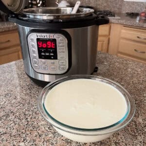 A glass bowl filled with homemade yogurt sits on a granite countertop in front of an Instant Pot displaying “yogt” on its screen, with kitchen cabinets and utensils in the background.