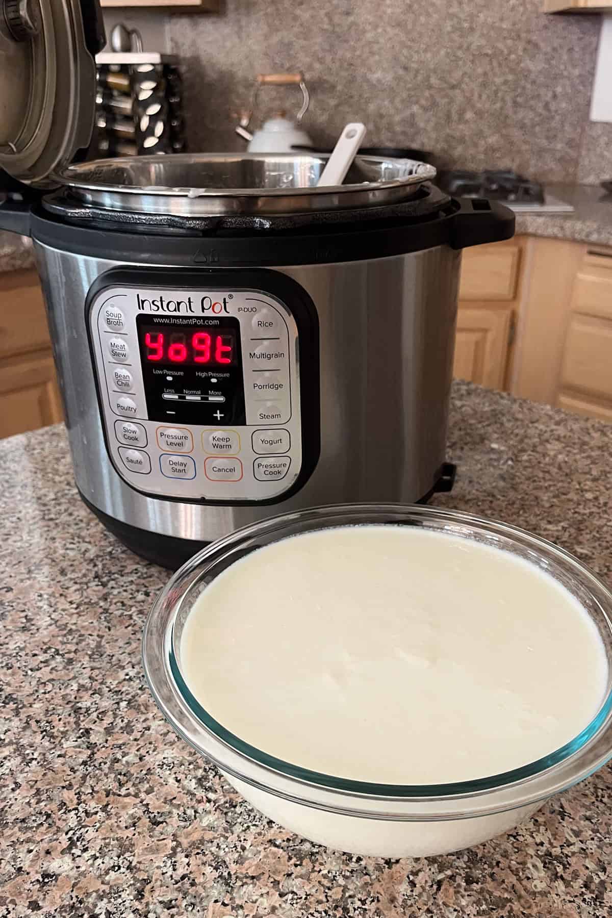 A bowl of freshly made yogurt sits on a kitchen counter in front of an Instant Pot with the display reading yogt in a home kitchen setting.