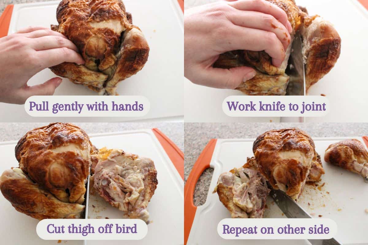 A step-by-step guide with four photos shows how to carve a cooked chicken, including pulling with hands, working a knife to the joint, cutting the thigh off, and repeating on the other side.