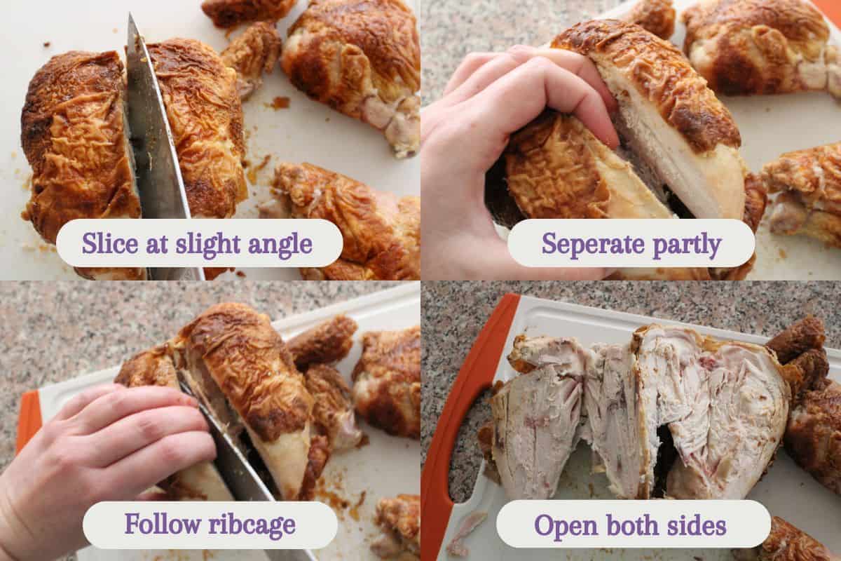 Four-step photo guide to carving a rotisserie chicken: slicing at an angle, separating the chicken partly, cutting along the ribcage, and opening both sides to expose the inside. Each step is labeled in purple text.
