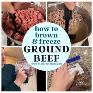A collage showing ground beef being browned in a pan, then cooled and packed into labeled freezer bags, with text: how to brown & freeze ground beef www.thedefaultcook.com.