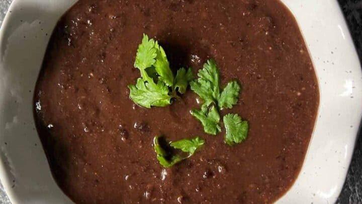 A white bowl filled with black bean soup, garnished with a sprig of fresh cilantro, placed on a gray textured surface.