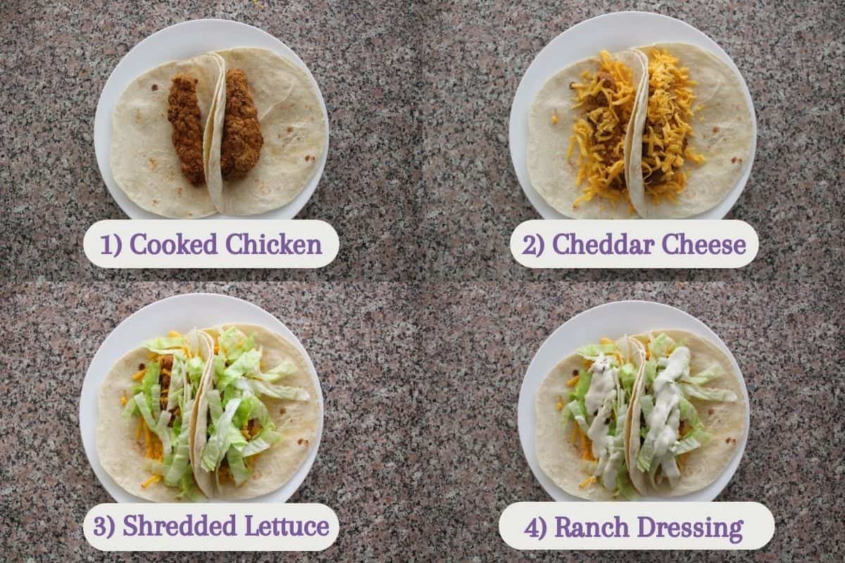 Four plates each show a tortilla being filled step by step: 1) with cooked chicken, 2) with cheddar cheese, 3) with shredded lettuce, 4) with ranch dressing, all labeled accordingly.